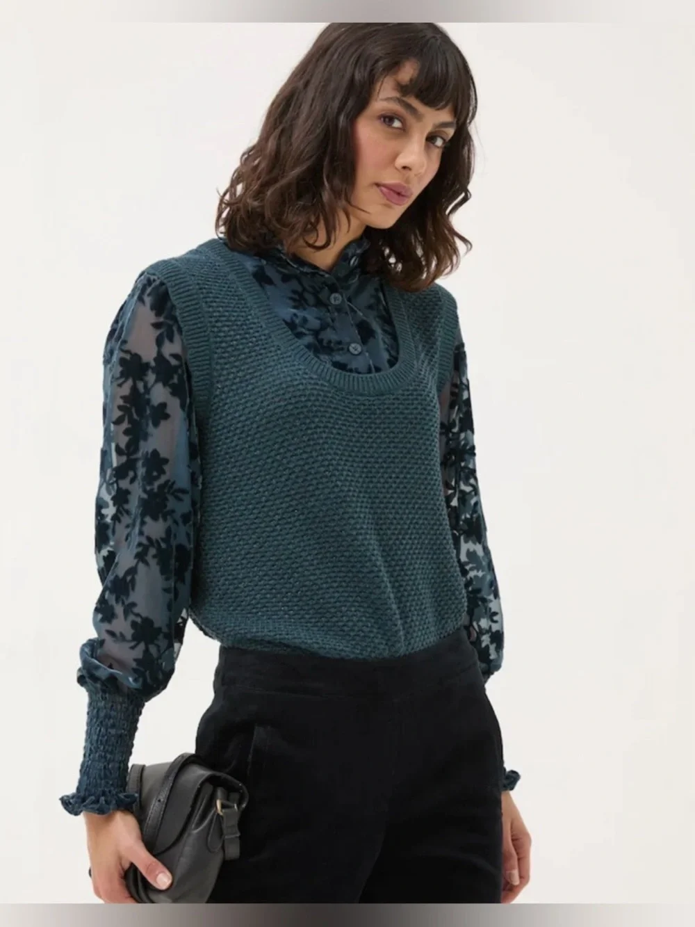 FATFACE Dark Teal Hadley 2 in 1 Devore Jumper Sweater Velvet Burnout Sz 18